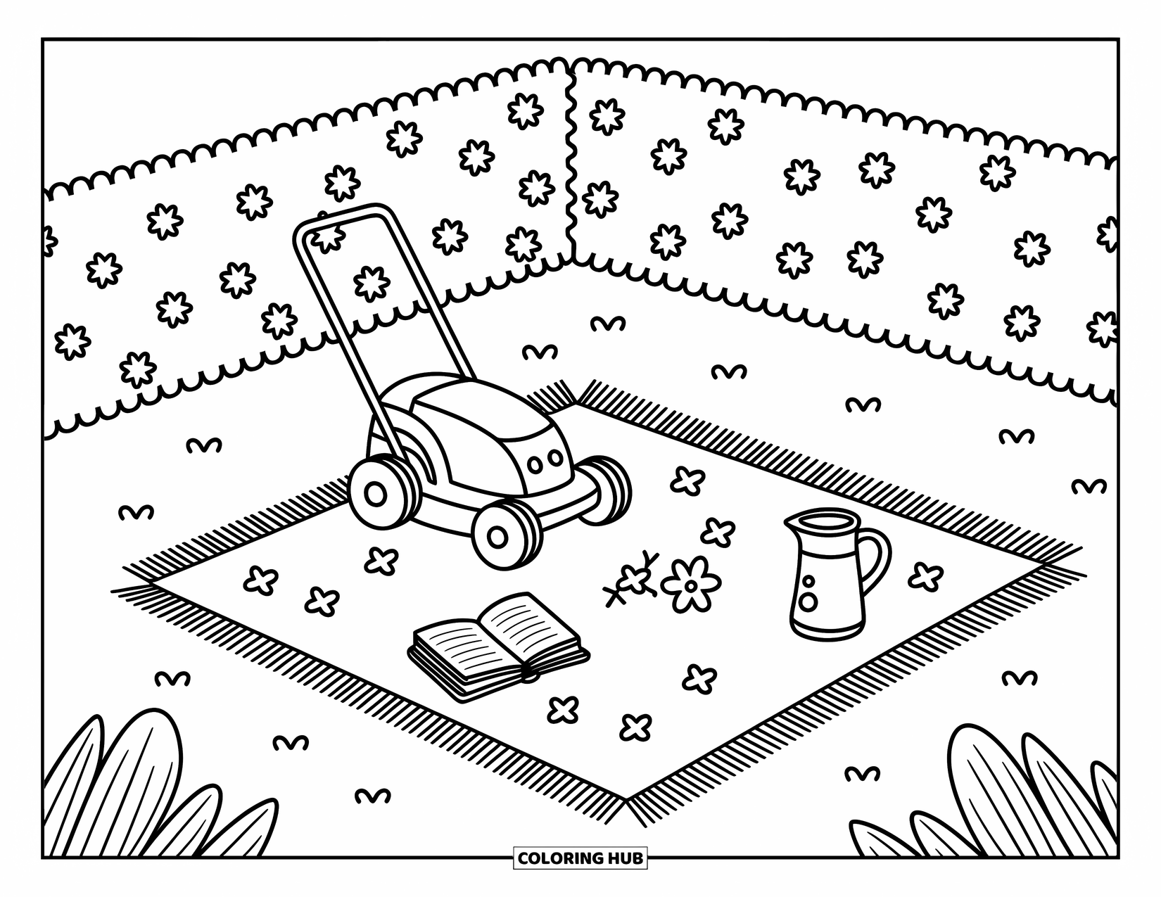 Lawn Mower Coloring Page for Adults: Tiny mower relaxes beside flowers and a cozy blanket holding a book and lemonade