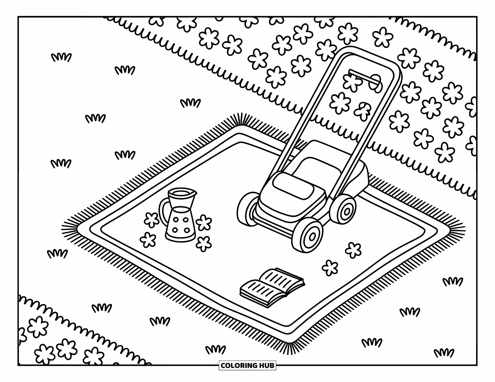 Lawn Mower Coloring Page for Adults: Tiny mower rests beside a blooming hedge, with a picnic blanket, book, and lemonade nearby
