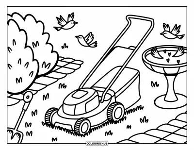 Coloriage de tondeuse à gazon pour adultes : Une tondeuse fantaisiste se repose près d'arbustes, d'un bain d'oiseaux et d'outils de jardin amusants dans une cour chaleureuse