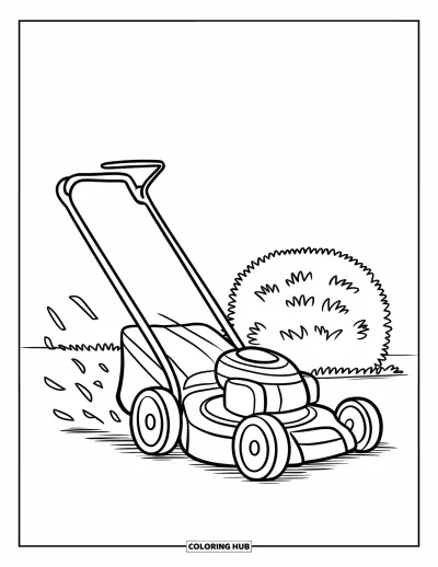 Coloriage de tondeuse à gazon pour enfants : Une tondeuse simple fonce en avant, laissant des brins d'herbe en l'air près d'un arbuste