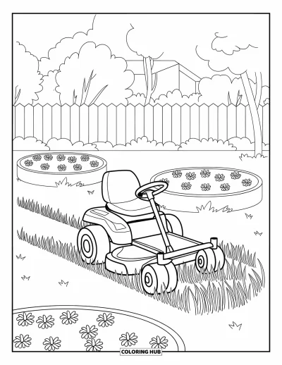 Coloriage de tondeuse à gazon pour enfants : Une tondeuse circule dans un jardin près de massifs de fleurs ronds et d'une maison