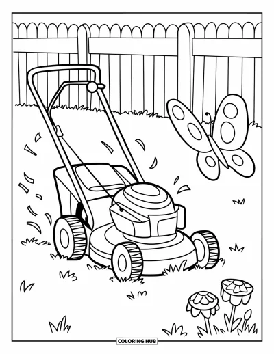 Coloriage de tondeuse à gazon pour enfants : Un papillon passe près d'une tondeuse ronde et d'une fleur dans une cour clôturée bien douillette