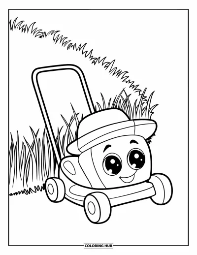 Coloriage de tondeuse à gazon pour enfants : Une tondeuse cartoon coiffée d'un chapeau vert sourit devant une pelouse fraîchement tondue et bien nette