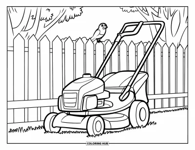 Coloriage de tondeuse à gazon pour enfants : Un oiseau joyeux est perché sur une tondeuse près d'une clôture et d'arbres dans la cour