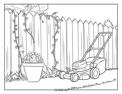 Coloriage de tondeuse à gazon pour enfants : Une tondeuse joyeuse se trouve près d'une haute clôture en bois avec des lianes et des fleurs