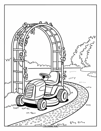 Coloriage de tondeuse à gazon pour enfants : Une tondeuse aux formes arrondies se repose près d'une arche couverte de lierre et d'un chemin de gravier sinueux