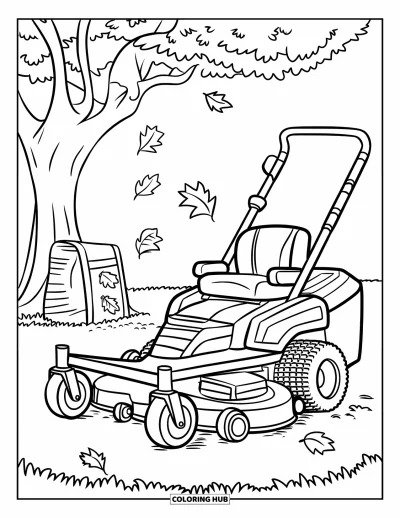 Coloriage de tondeuse à gazon pour enfants : Des feuilles tombantes entourent une tondeuse et un sac de compost sous un grand arbre