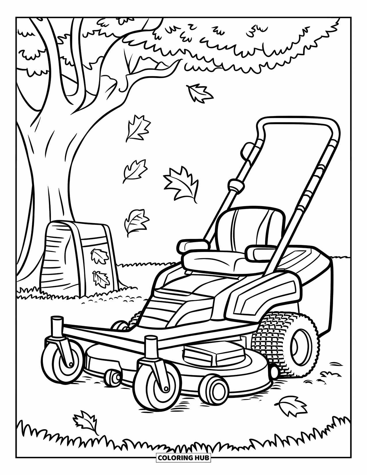 Lawn Mower Coloring Page for Kids: Falling leaves surround a mower and compost bag beneath a big tree