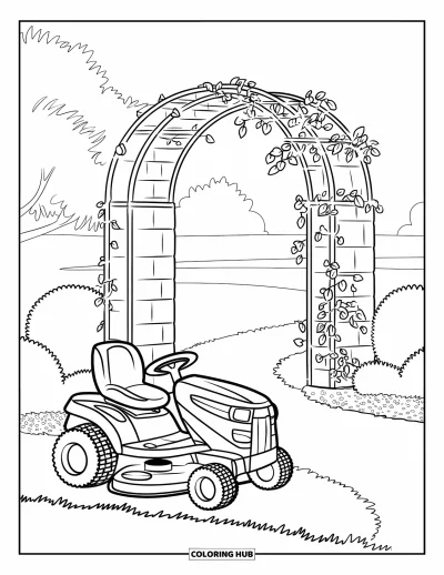 Coloriage de tondeuse à gazon pour enfants : Une arche de jardin couverte de lierre se trouve près d'une tondeuse garée et d'un sentier
