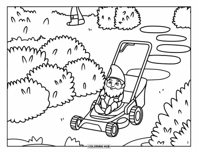 Coloriage de tondeuse à gazon pour enfants : Un gnome de jardin conduit une tondeuse près de buissons taillés et d'un sentier en pierre