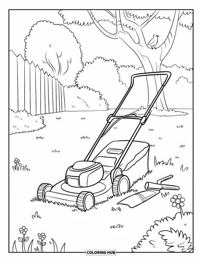 Coloriage de tondeuse à gazon pour enfants : Une pelouse à moitié tondue entoure une tondeuse, des outils, un arbre et des fleurs éparpillées