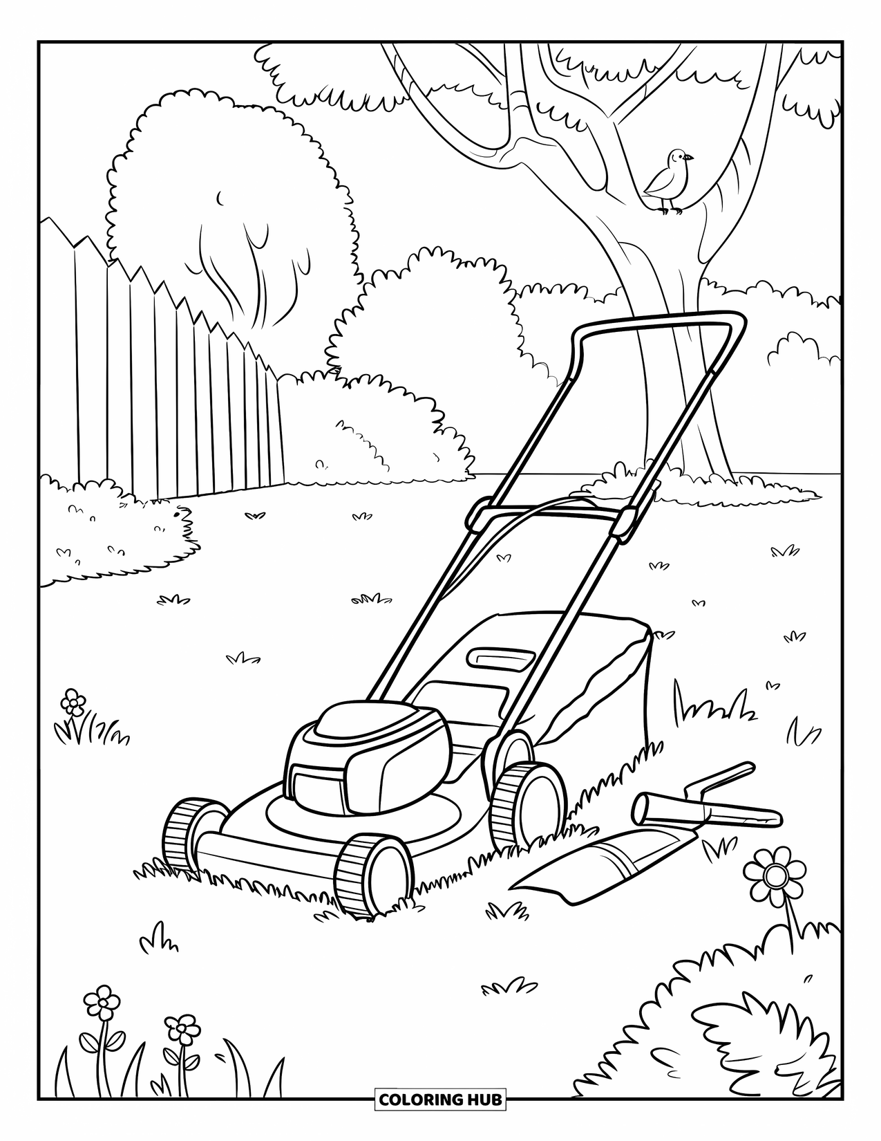 Lawn Mower Coloring Page for Kids: Half-mowed grass surrounds a mower, tools, tree, and scattered flowers
