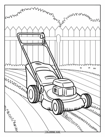 Coloriage de tondeuse à gazon pour enfants : Une tondeuse taille une pelouse rayée avec une clôture en arrière-plan
