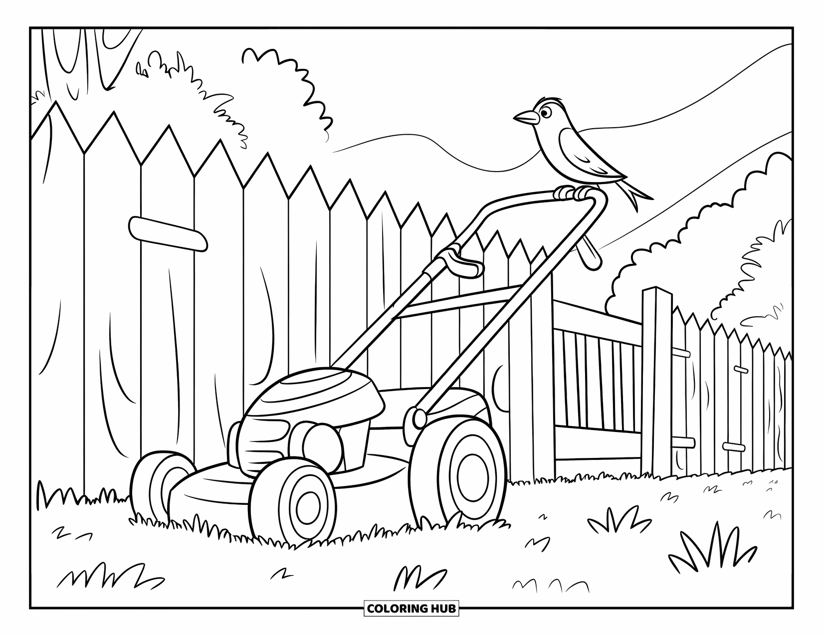 Lawn Mower Coloring Page for Kids: Lawn mower near a wooden fence with a perched bird and mountain backdrop