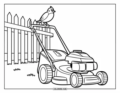 Coloriage de tondeuse à gazon pour enfants : Une tondeuse attend près d'une clôture avec un petit oiseau rond perché sur son guidon