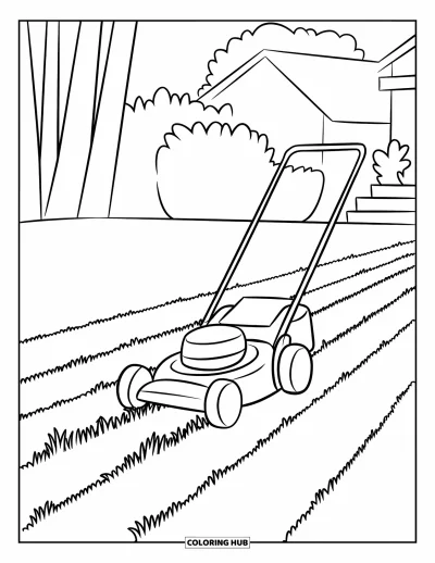 Coloriage de tondeuse à gazon pour enfants : Une tondeuse suit un chemin rayé à travers une herbe haute et courte près d'une maison