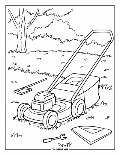 Coloriage de tondeuse à gazon pour enfants : Une tondeuse abandonnée à mi-chemin sur une pelouse envahie, avec des outils éparpillés
