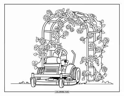 Coloriage de tondeuse à gazon pour enfants : Une tondeuse garée à côté d'un treillage couvert de roses grimpantes en fleurs