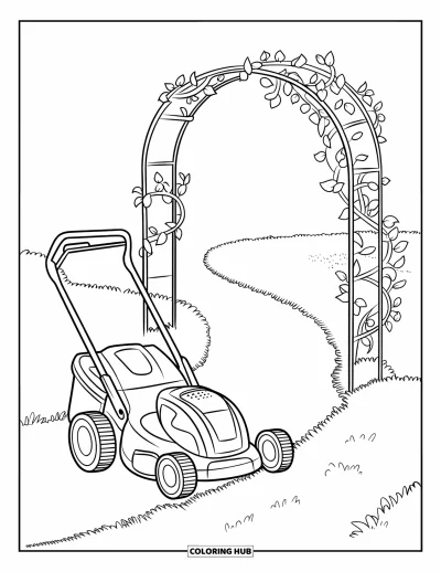 Coloriage de tondeuse à gazon pour enfants : Une tondeuse garée près d'une arche couverte de lierre avec un chemin de gravier