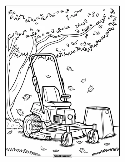 Coloriage de tondeuse à gazon pour enfants : Une tondeuse garée sous un arbre avec des feuilles tombantes et un sac de compost