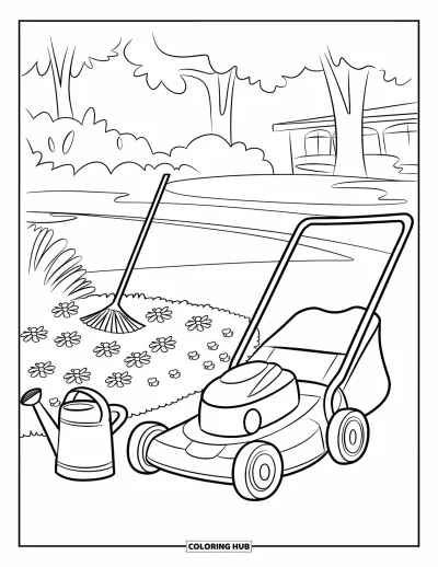 Coloriage de tondeuse à gazon pour enfants : Une tondeuse se repose près d'un jardin fleuri avec un râteau et un arrosoir