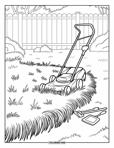 Coloriage de tondeuse à gazon pour enfants : Une tondeuse posée sur une herbe inégale avec des mauvaises herbes et une clôture blanche derrière