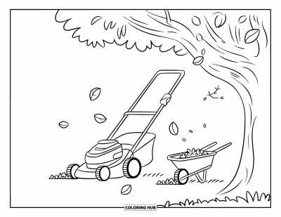 Coloriage de tondeuse à gazon pour enfants : Une tondeuse se tient près d'un arbre aux feuilles tombantes et d'une brouette bien remplie