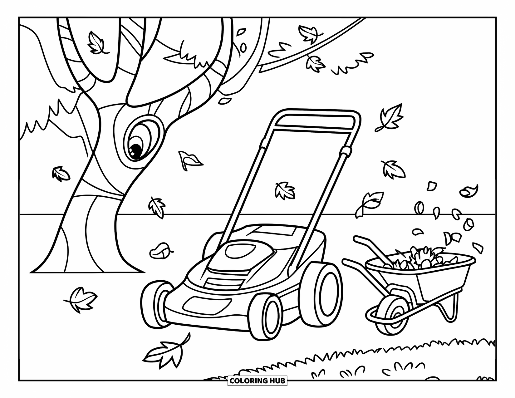 Lawn Mower Coloring Page for Kids: Mower with a face and happy tree beside a full wheelbarrow