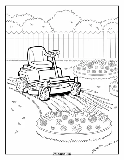 Coloriage de tondeuse à gazon pour enfants : Une herbe parsemée de pétales entoure une tondeuse rouge près de massifs de fleurs ronds