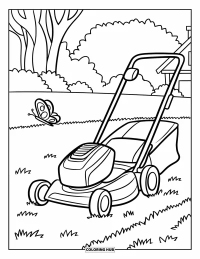 Coloriage de tondeuse à gazon pour enfants : Une tondeuse taille l'herbe tandis qu'un papillon volète à proximité, près d'arbres et d'une maison