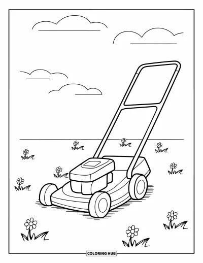 Coloriage de tondeuse à gazon pour enfants : Une tondeuse dans une cour lumineuse entourée de petites fleurs et d'une clôture à barreaux