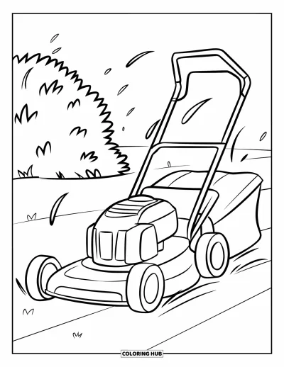 Coloriage de tondeuse à gazon pour enfants : Une tondeuse en mouvement projette de l'herbe en passant près d'un arbuste dans la cour
