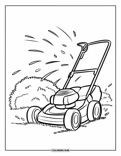 Coloriage de tondeuse à gazon pour enfants : Une tondeuse file avec des brins d'herbe qui volent dans son sillage et un arbuste à proximité