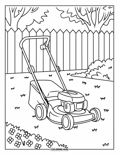 Coloriage de tondeuse à gazon pour enfants : Une tondeuse rouge et jaune dans une cour herbeuse avec des massifs de fleurs et des arbres