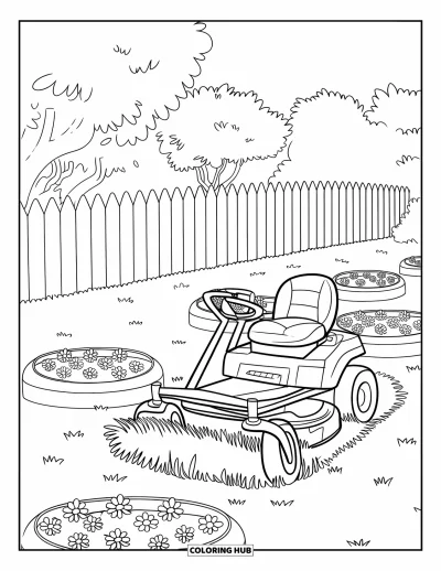 Coloriage de tondeuse à gazon pour enfants : Une tondeuse autoportée taille l'herbe autour de massifs de fleurs ronds et d'arbres