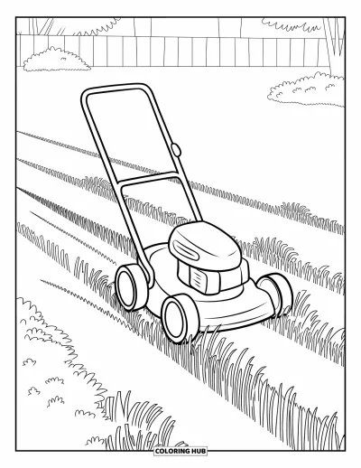 Coloriage de tondeuse à gazon pour enfants : Une tondeuse ronde avance sur une pelouse rayée aux hauteurs variées