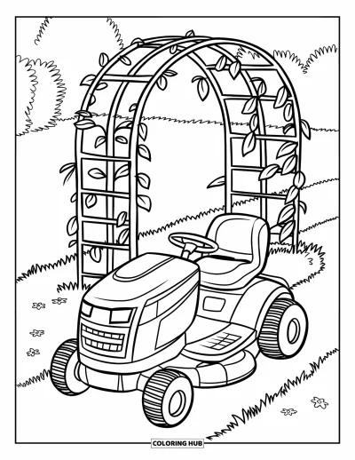 Coloriage de tondeuse à gazon pour enfants : Une tondeuse arrondie garée à côté d'une arche de jardin recouverte de lierre