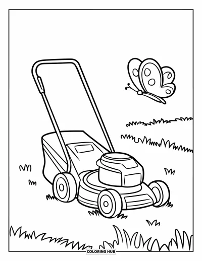 Coloriage de tondeuse à gazon pour enfants : Une tondeuse simple à l'air espiègle avance près d'un papillon qui vole dans la cour
