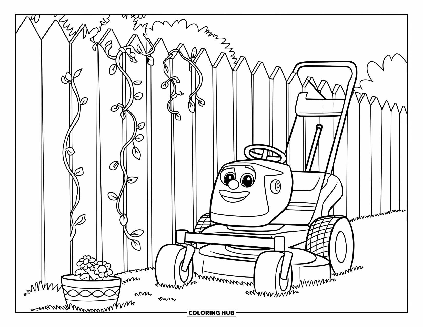 Lawn Mower Coloring Page for Kids: Smiling mower stands beside a vine-covered fence and a flower pot