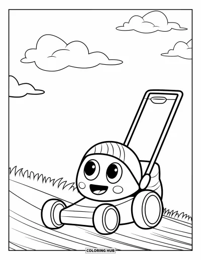 Coloriage de tondeuse à gazon pour enfants : Une tondeuse souriante avec un casque se dresse sur une pelouse propre sous un ciel nuageux