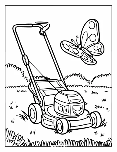 Coloriage de tondeuse à gazon pour enfants : Une tondeuse souriante en chemise à pois tond l'herbe tandis qu'un papillon passe à côté