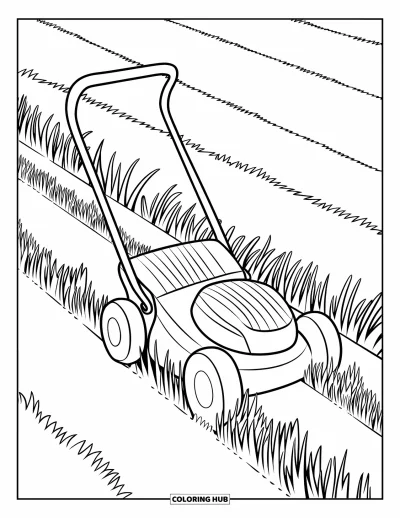 Coloriage de tondeuse à gazon pour enfants : Une pelouse rayée entoure une tondeuse qui coupe des brins d'herbe de différentes hauteurs
