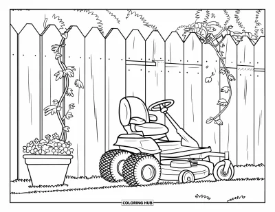 Coloriage de tondeuse à gazon pour enfants : Une clôture texturée et un pot de fleurs se trouvent à côté d'une tondeuse au design simple
