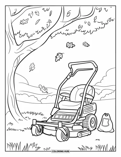 Coloriage de tondeuse à gazon pour enfants : Un arbre ombrage une tondeuse avec des feuilles qui tombent et du compost à proximité