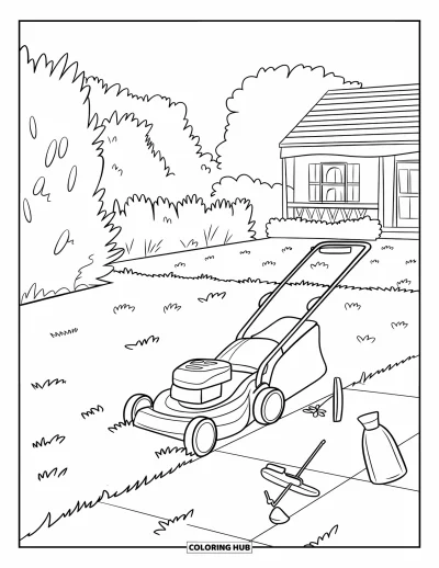 Coloriage de tondeuse à gazon pour enfants : Une pelouse inégale et des outils jonchent le sol à côté d'une pelouse à moitié tondue