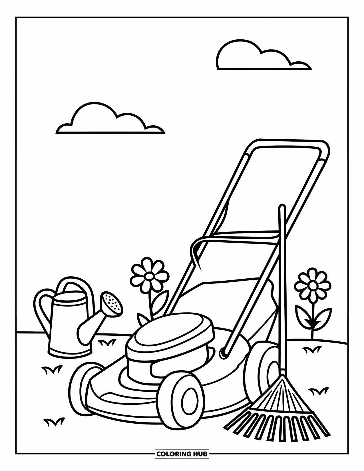 Lawn Mower Coloring Page for Kids: Watering can and rake sit beside a mower near colorful flowers