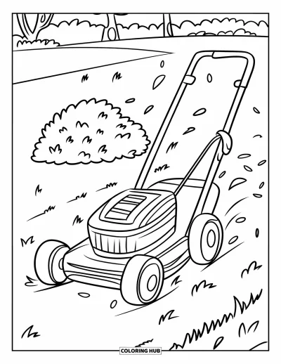 Coloriage de tondeuse à gazon pour enfants : Une tondeuse-poussoir en bois à visage sympathique tond l'herbe près d'un arbuste et d'arbres