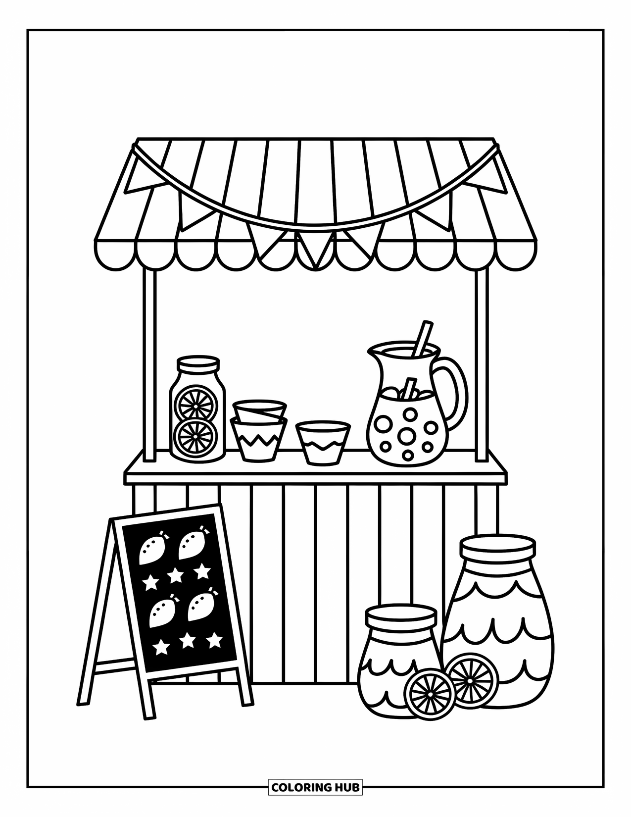 Lemonade Coloring Page for Adults: Charming lemonade stand with pitcher, flags, and playful lemon doodles