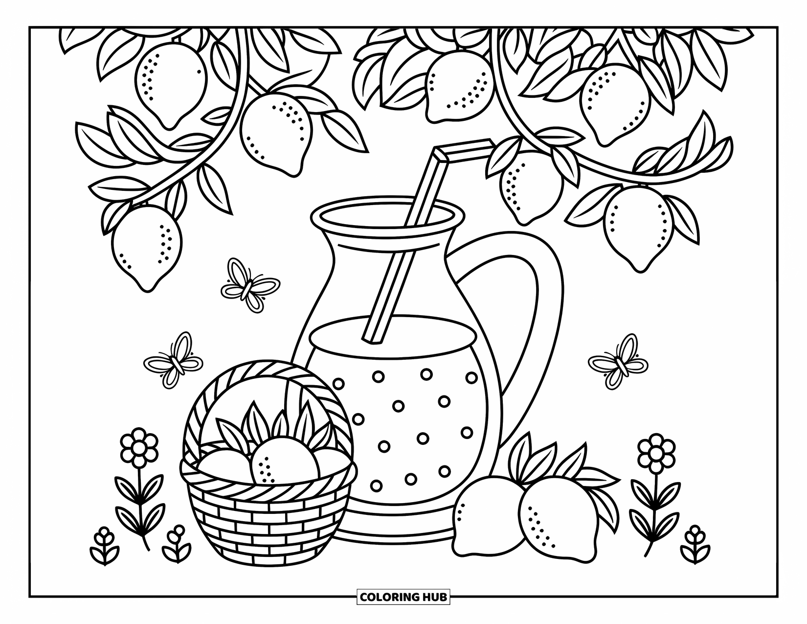 Lemonade Coloring Page for Adults: Cozy lemonade jug under a lemon tree with a basket and butterflies nearby