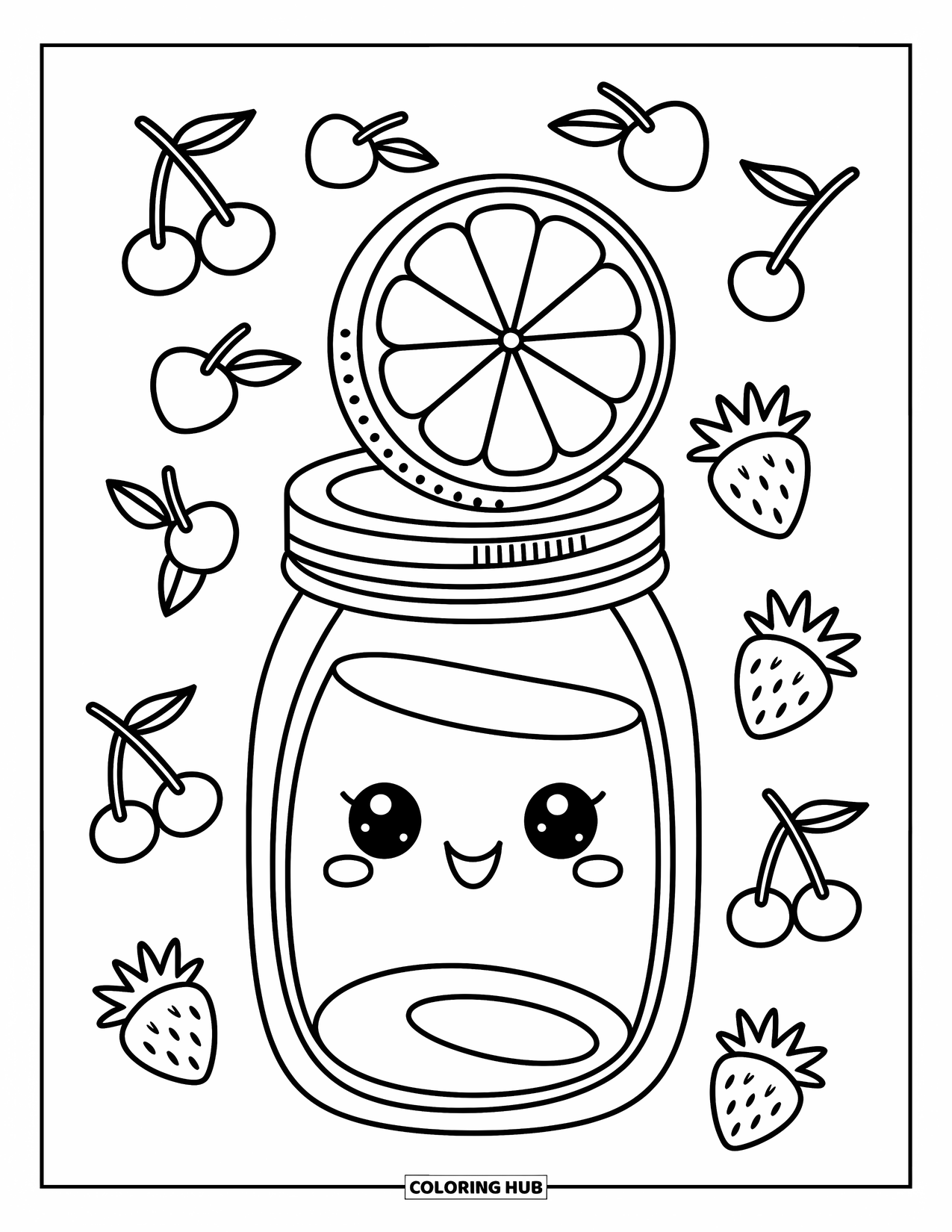 Lemonade Coloring Page for Adults: Cute mason jar with lemon slice and tiny fruits in a cheerful, cozy scene
